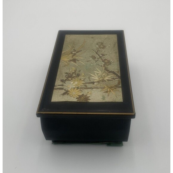 Vintage Japanese Lacquer Music Jewelry Box With Floral Design Red Velvet Lining - Picture 3 of 6
